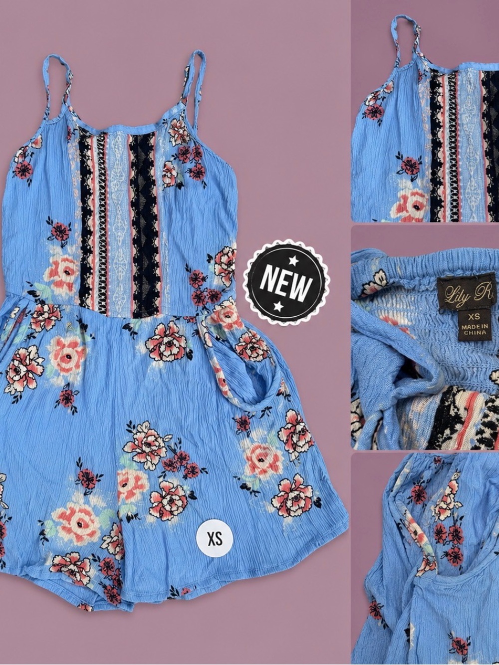 Lily Rose Sky Blue Floral Spaghetti-Strap Romper